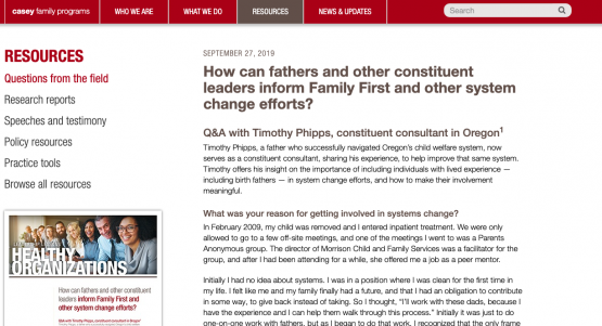image shows screenshot of resource that birth fathers inform Family First and system change 